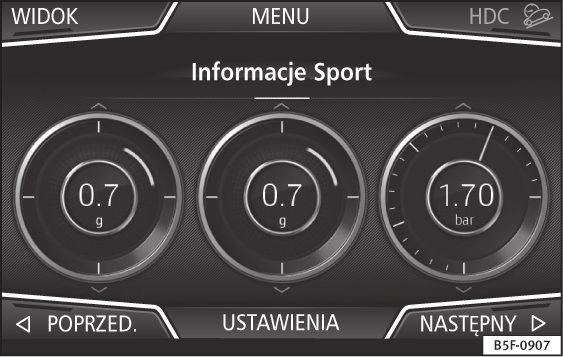 Sport* Rys. 59 Menu SPORT Rys. 60 Menu SPORT Czasomierz Naciśnij przycisk Infotainment, a następnie wybierz Samochód. Naciśnij przycisk WIDOK, a następnie wybierz SPORT.