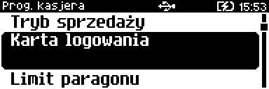Dodatkowo przy wyborze trybu sprzedaży Widoczne nazwy II należy wybrać funkcję klawisza [RAZEM]. Karta logowania. Należy wybrać pozycję Karta logowania klawiszem [RAZEM].