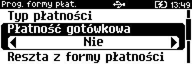 Do wyboru są formy płatności: Karta, Czek, Bon, Kredyt, Przelew, Inne. Płatność gotówkowa. Należy wybrać pozycję Płatność gotówkowa klawiszem [RAZEM].