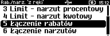 Wyboru należy dokonać klawiszami strzałek [GÓRA] / [DÓŁ] i zatwierdzić klawiszem [RAZEM]. Dla pozycji Łączenie rabatów i Łączenie narzutów działanie klawiszy jest identyczne.