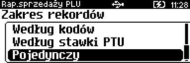 Po zatwierdzeniu (klawiszem [RAZEM]) pozycji Według kodów, należy podać zakres kodów kreskowych towarów/zestawów/wielopaków, których statystyki mają być wydrukowane na raporcie.