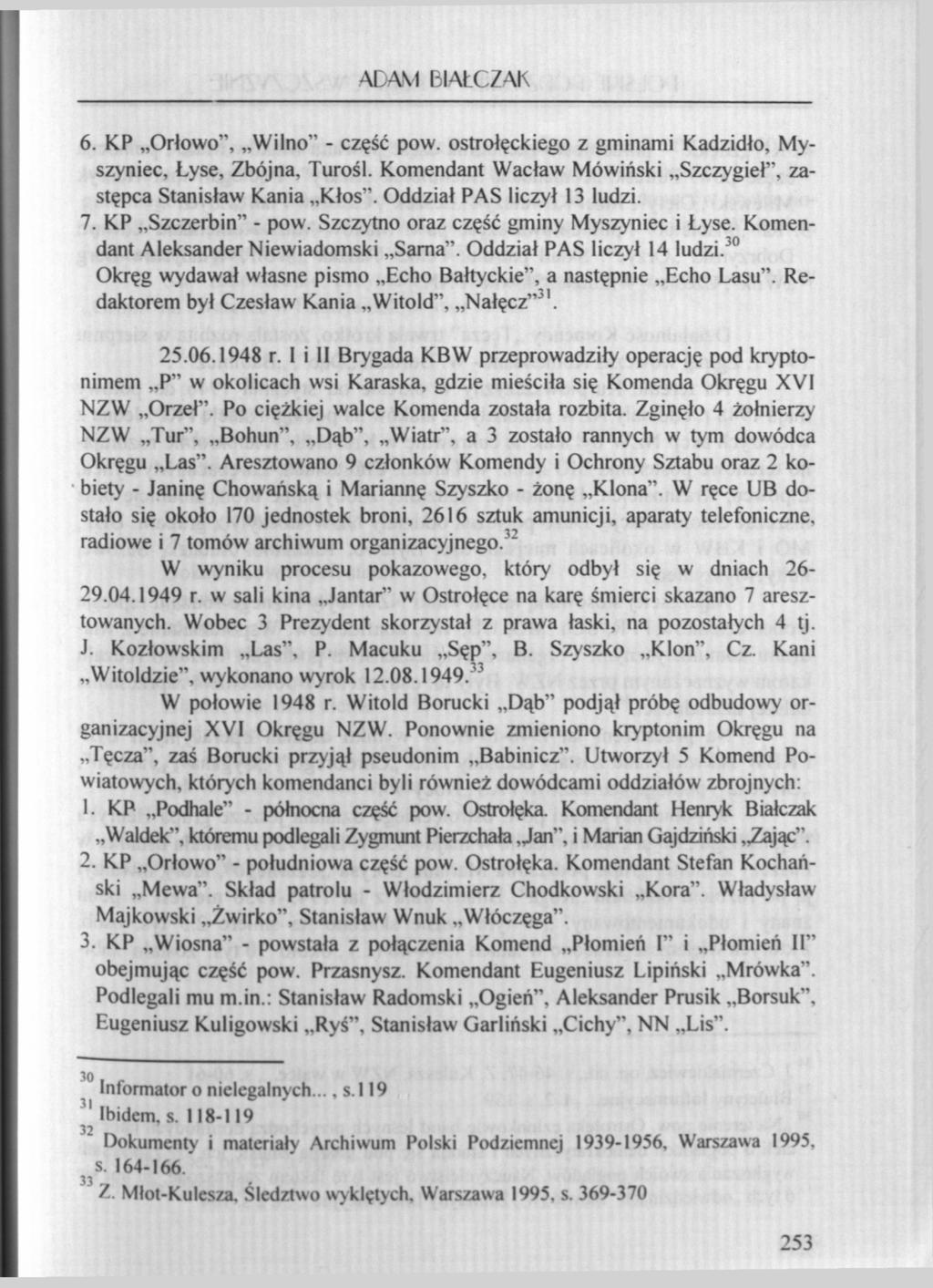 ADAM BIAŁCZAK 6. KP Orłowo", Wilno" - część pow. ostrołęckiego z gminami Kadzidło, Myszyniec, Łyse, Zbójna, Turośl. Komendant Wacław Mówiński Szczygieł", zastępca Stanisław Kania Kłos".
