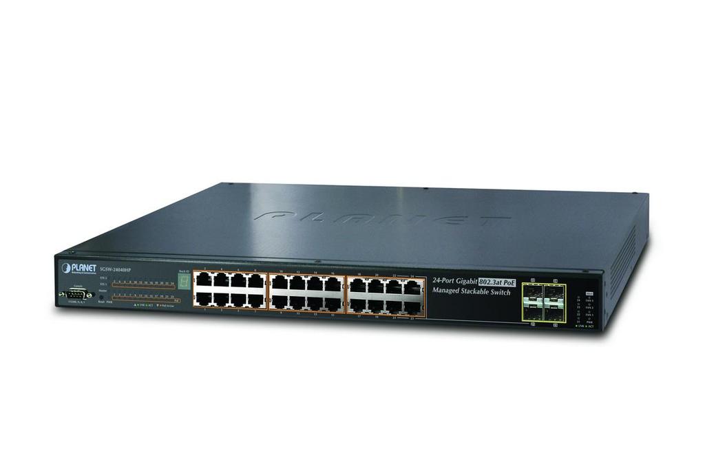 SGSW-24040HP Zarządzalny przełącznik 24 porty 10/100/1000Mbps z obsługą PoE High Power Scentralizowane zarządzanie zasilaniem Power over Gigabit Ethernet Przełącznik PLANET SGSW-24040HP wyposażono w