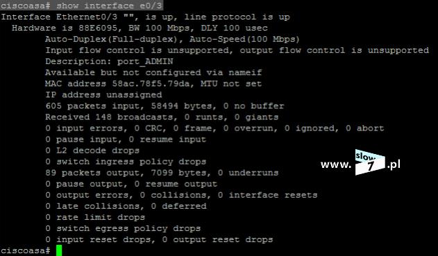 12 (Pobrane z slow7.pl) Wprowadzone ustawienia interfejsu możemy zweryfikować wydając polecenie: show interface <nazwa_interfejsu> Wszystkie porty od e0/1 do e0/7 są przypisane do sieci VLAN 1.