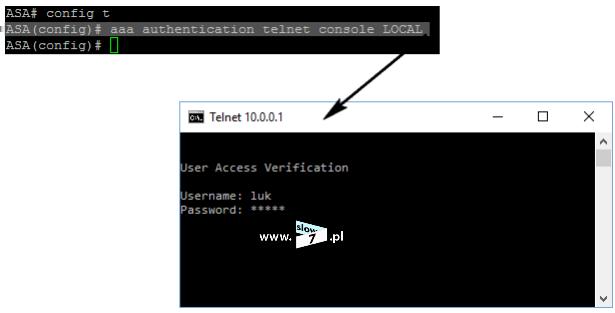 uwzględnieniem lokalnej basy użytkowników należy wydać dodatkowe polecenie: aaa authentication telnet console LOCAL Od tej pory podczas nawiązywania