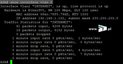 27 (Pobrane z slow7.pl) Weryfikację wprowadzonych ustawień przeprowadzamy z wykorzystaniem instrukcji: show interface vlan 2 Interfejsowi został przypisany adres IP 19