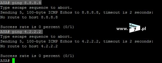 Test ping z wykorzystaniem adresów IP 8.8.8.8 oraz 4.2.2.2 kończy się niepowodzeniem (No route to host ).