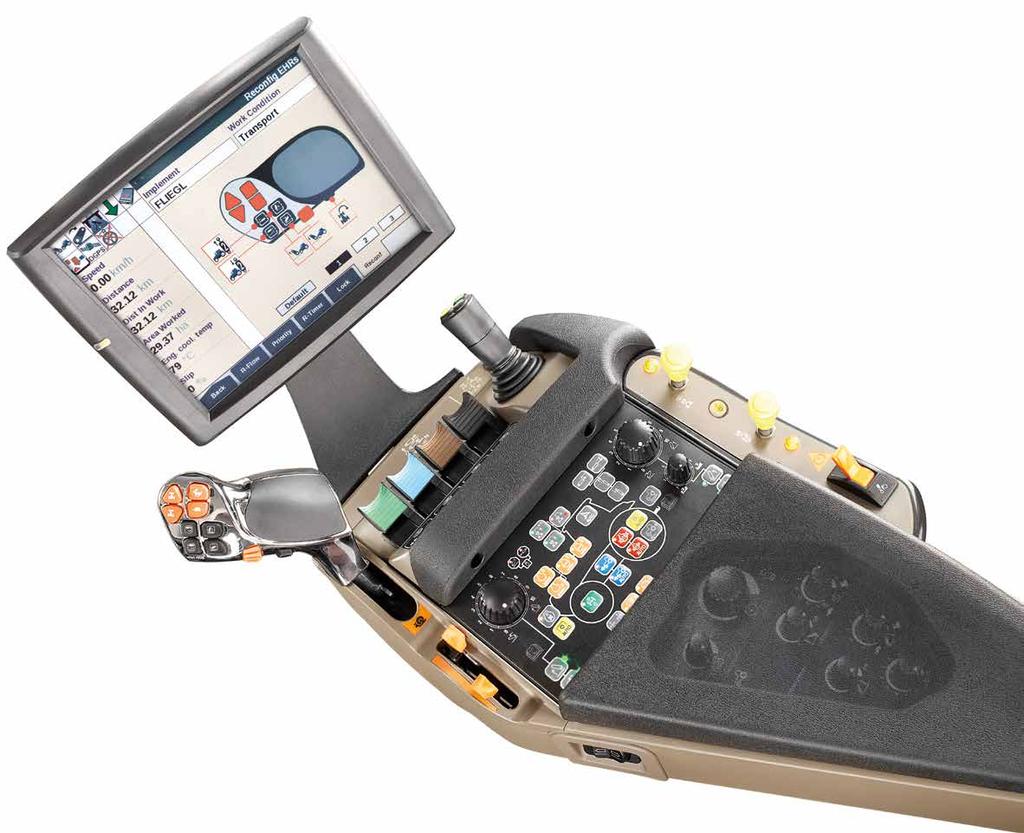 A Monitor parametrów ciągnika i wydajności B Monitor z ekranem dotykowym AFS PRO 700 TM C Multicontroller D Elementy sterowania zaworami hydrauliki zewnętrznej, w tym