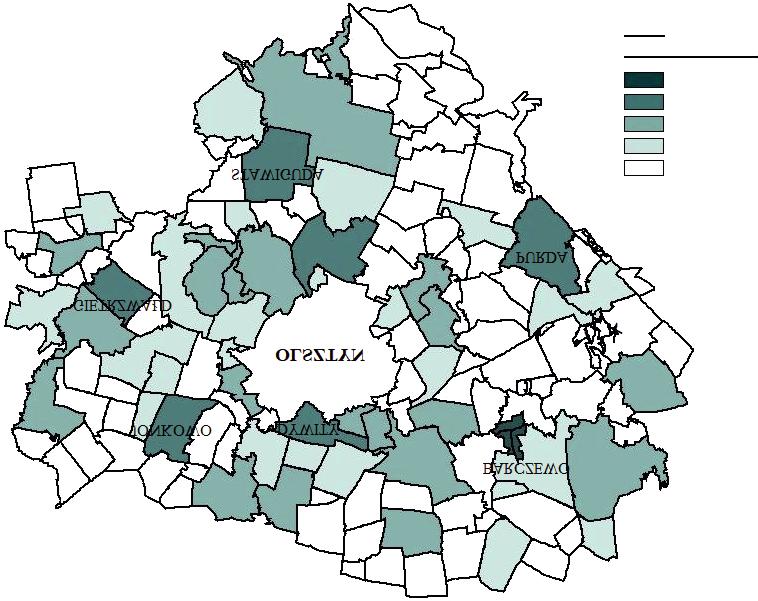 Rys. 10. Liczba NGO wg obrębów ewidencyjnych w strefie podmiejskiej Olsztyna w 2017 r. Fig. 10. Number of NGOs in suburban cadastral district of the city of Olsztyn in 2017 Źródło: opracowanie własne na podstawie bazy.