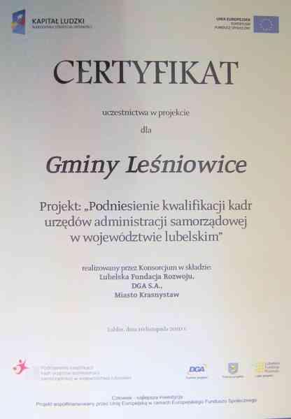 Certyfikat dla Urzędu Gminy W dniu 10 listopada 2010 r.