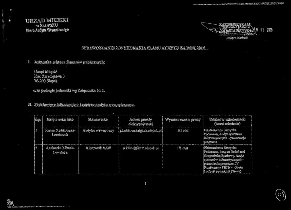 URZĄD MIEJSKI w SŁUPSKU Biuro Audyfa Wewnętrznego 9 01 015 Robert Biedroń SPRAWOZDANIE Z WYKONANIA PLANU AUD YTU ZA ROK 014 I.