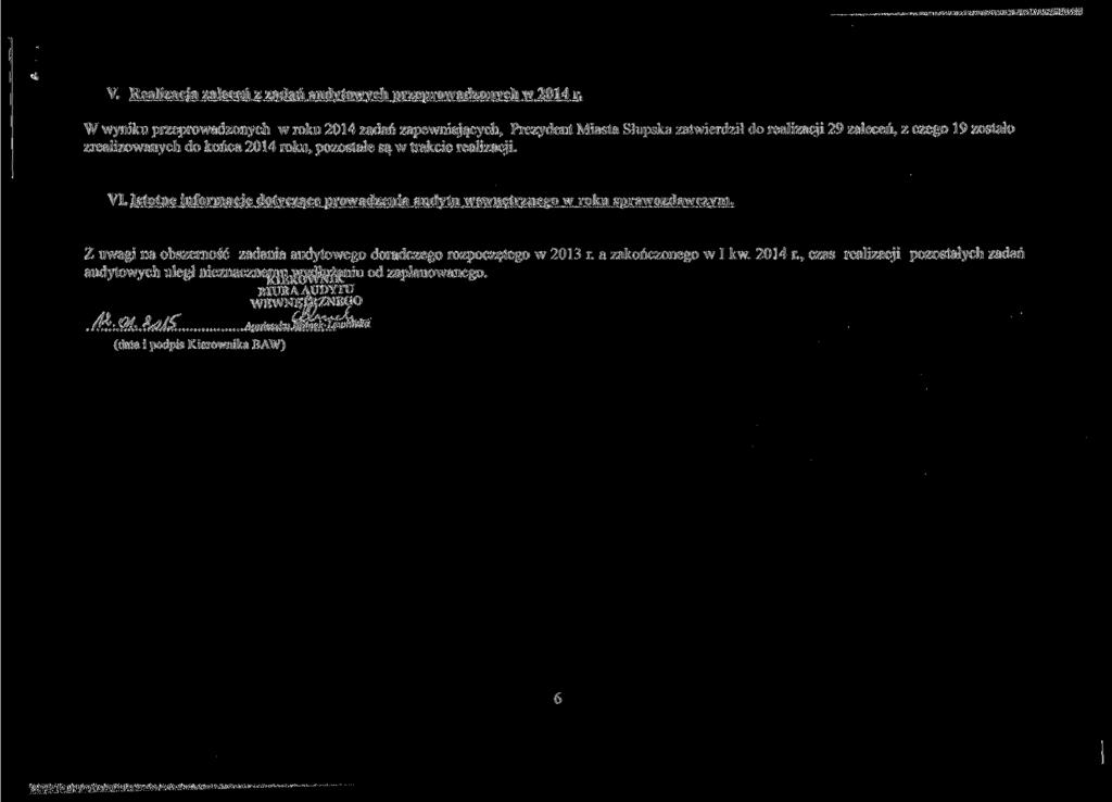 V. Realizacja zaleceń z zadań audytowych przeprowadzonych w 014 r.