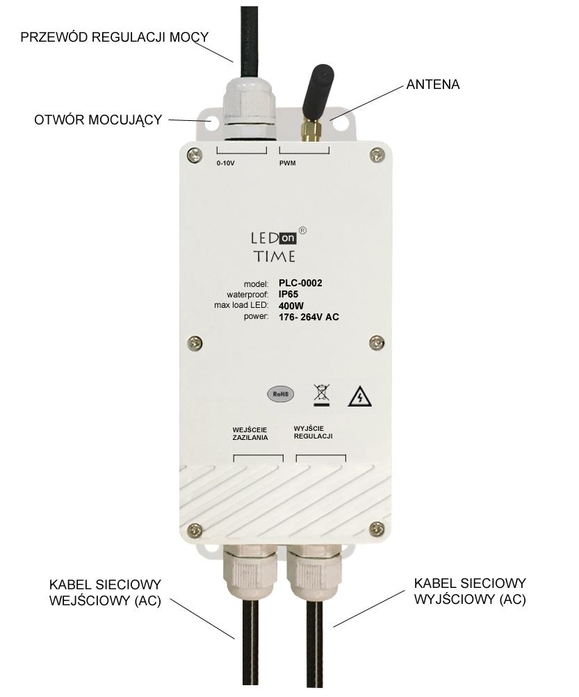2. Opis sprzętu 2.1 Wymiary produktu Przewód regulacji mocy, otwór mocujący, antena, kabel sieciowy wejściowy (AC), kabel sieciowy wyjściowy (AC) Diagram.