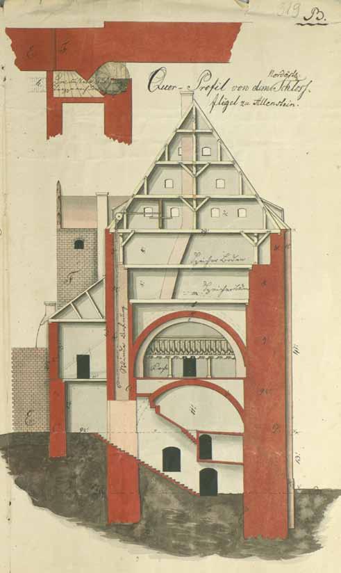 Archiwalna inwentaryzacja północnego skrzydła zamku z widocznym na poddaszu kołowrotem średniowiecznego dźwigu towarowego. Rysunek F. Wronki z ok. 1833 r. ze zbiorów Archiwum Państwowego w Olsztynie.
