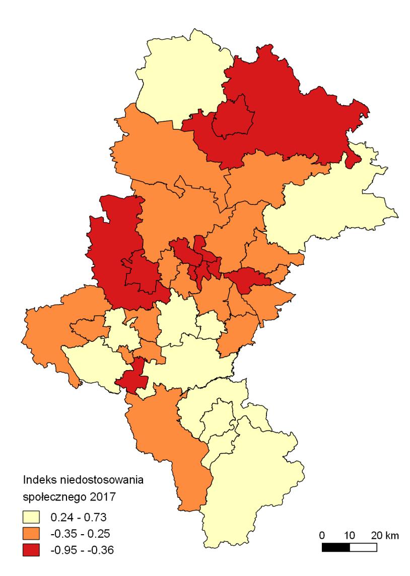 Mapa 8. Indeks niedostosowania społecznego w powiatach województwa śląskiego w 2017 r. W województwie śląskim w 2017 r.