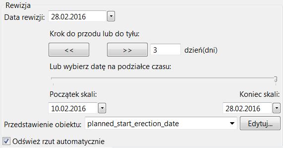 Przykład wizualizacji stanu projektu: Definiowanie przedziału czasowego wizualizacji Po zdefiniowaniu sposobu wyświetlania obiektów w trakcie wizualizacji można kontynuować, definiując przedział