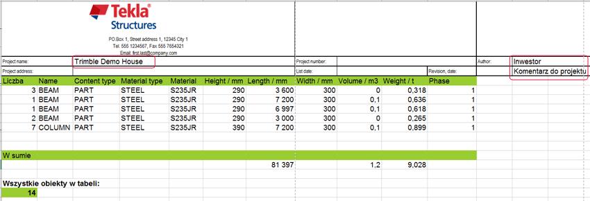 na inną niż DATE. Można go zmienić na przykład na DATE1 i używać tego samego tekstu (DATE1) w szablonie Excel. 4. Eksportuj właściwości obiektów i właściwości projektu z Organizatora. a.