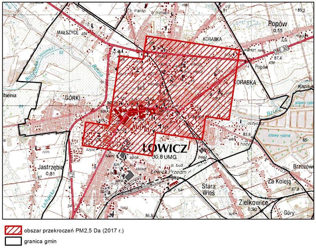 Obszar przekroczeń średniej rocznej wartości poziomu dopuszczalnego stężenia pyłu PM2,5 w Łowiczu w 2017 r. źródło mapy roczna ocena jakości powietrza w województwie łódzkim w 2017 r. (WIOŚ w Łodzi).