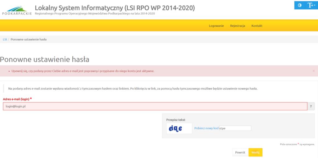 Uwaga: Do ustawienia nowego hasła nie jest konieczne podanie loginu link umożliwiający ustawienie nowego hasła ma kierować na stronę, gdzie podmiot zgłaszający podaje hasło