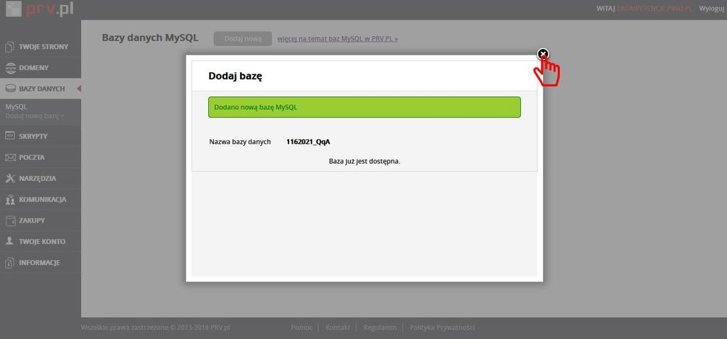 [12/31] Rysunek 17. Panel administracyjny dodanie bazy danych krok 2 Otrzymaliśmy komunikat Dodano nową bazę MySQL.