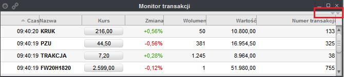 2. tabeli z listą transakcji (czerwona ramka). Poszczególne widoki różnią się między sobą pod względem zakresu prezentowanych informacji.