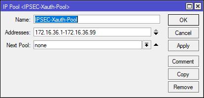 IPSEC Xauth mode-config push config Należy utworzyć pulę dla użytkowników łączących się do