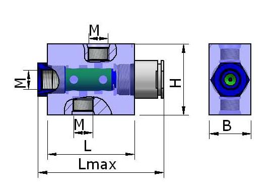 Dokładność filtracji cieczy [ μm ] 10 [ μm ] L - Długość [ mm ] 147 L max - Max długość [ mm ] 153 H - Wysokość [ mm ] 101 B - Szerokość [ mm ] 38 DZIELNIK TRÓJDROGOWY ANTYPULSACYJNY - DTA