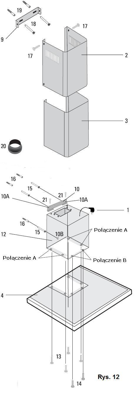 Plastikowa redukcja 150/125 mm 21 Śruba M4x20 1. Wtyczka z uziemieniem 2. Maskownica górna 3. Maskownica dolna 4. Korpus 5. Sterowanie 6. Filtry aluminiowe 7. Oświetlenie 9.