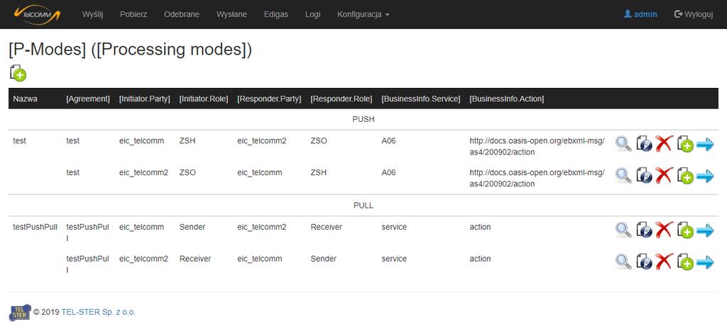Ekran Partnerzy EKRAN [P-MODES] Ekran Konfiguracja->[P-Modes] ([Processing modes]) służy definiowaniu wszystkich informacji związanych z połączeniem między partnerami komunikacji.