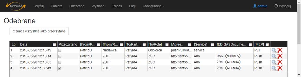 Kliknięcie przycisku Wyślij inicjuje pierwszą fazę komunikacji plik z żądaniem zostaje wysłany zgodnie z protokołem komunikacyjnym AS4 oraz następuje analiza odpowiedzi od odbiorcy pod kątem braku