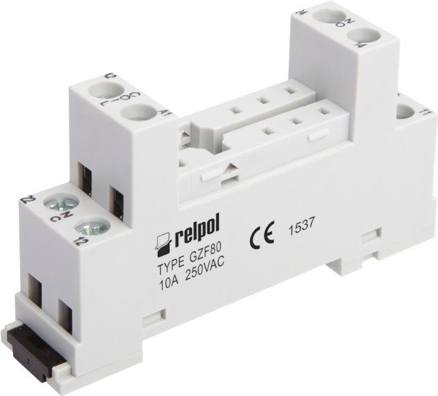 Gniazda i akcesoria GZF80 Do RM84, RM85, RM85 inrush, RMP84, Z zaciskami śrubowymi Maksymalny moment dokręcenia zacisku: 0,5 Nm Montaż na szynie 35 mm wg PN-EN 60715