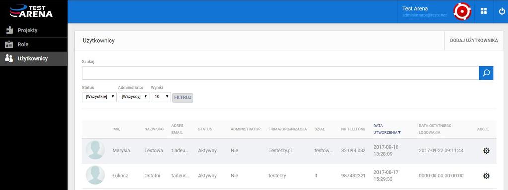 Lider uprawnienia administratora, zaznaczone wszystkie możliwe checkboxy; Tester uprawnienia do wszystkiego poza edycją Projektów (ZADANIA, DEFEKTY, TESTY itd); Programista uprawnienia do wszystkiego