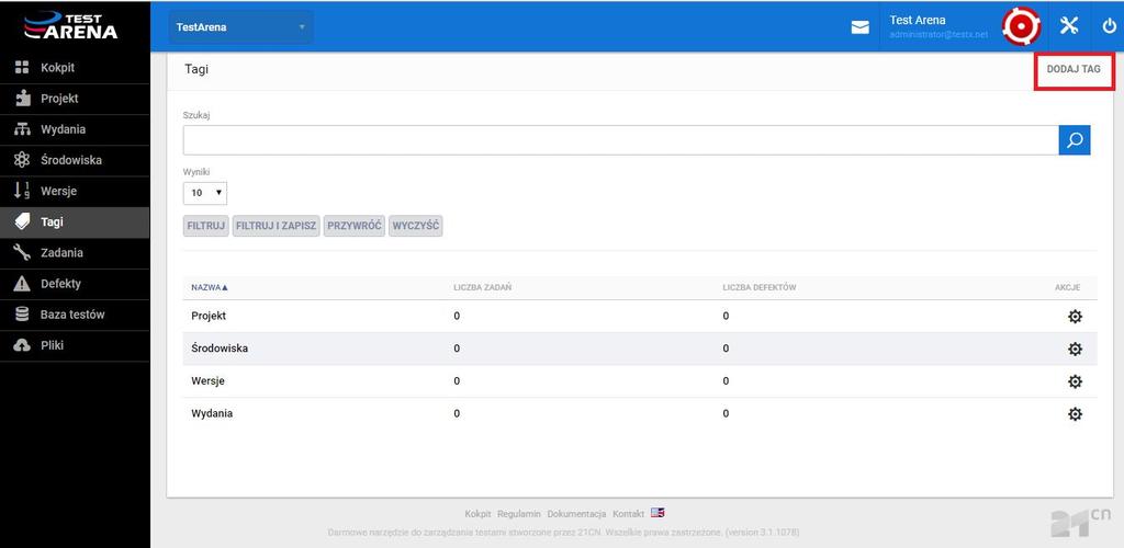 Rys. 51. Akcje dla tagów 5.5.1 Dodawanie tagu Aby dodać tag należy kliknąć przycisk "Dodaj tag" znajdujący się w prawym górnym rogu ekranu TAGI (przycisk jest dostępny tylko dla użytkowników z odpowiednimi uprawnieniami).