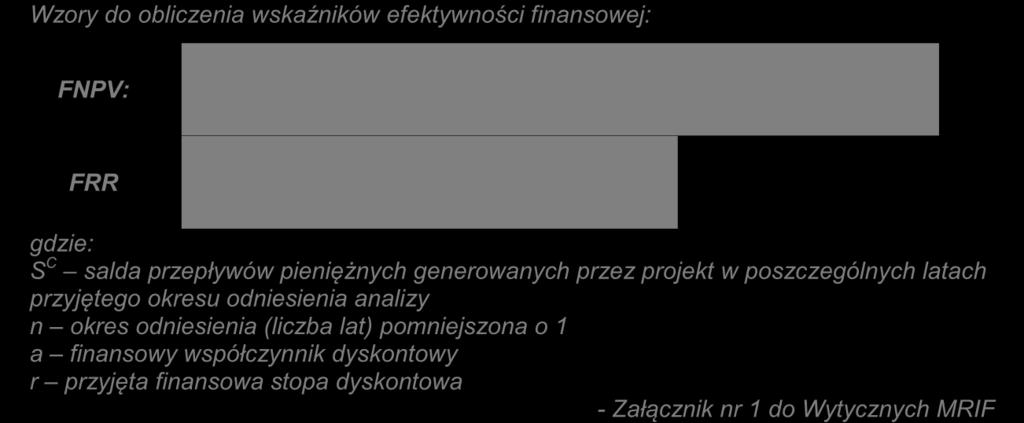 Wzory do obliczenia wskaźników efektywności finansowej: FNPV: FRR gdzie: S C salda przepływów pieniężnych generowanych przez projekt w poszczególnych latach przyjętego okresu odniesienia analizy n