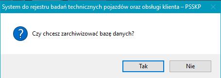 czynność dla zachowania danych z badań technicznych, które podlegają okresowej archiwizacji. Pojawia się komunikat: Rysunek 17. Ekran archiwizacji bazy danych. 11. Informacje końcowe.