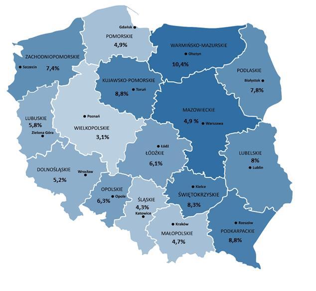 Stopa bezrobocia w poszczególnych województwach Polski Najwyższą stopę bezrobocia w grudniu 2018 roku odnotowano w województwie warmińsko-mazurskim 10,4%