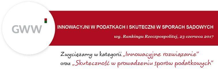 Szanowni Państwo, Mamy przyjemność poinformować, że w rankingu najlepszych firm doradztwa podatkowego Rzeczpospolitej praktyka podatkowa GWW otrzymała nagrody za: INNOWACYJNE ROZWIĄZANIE za modułowy