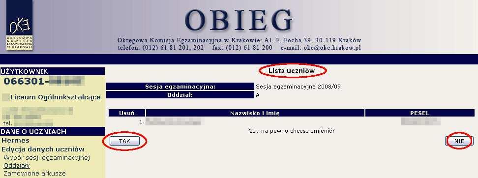 Usuwanie uczniów w systemie OBIEG w Edycji danych uczniów.