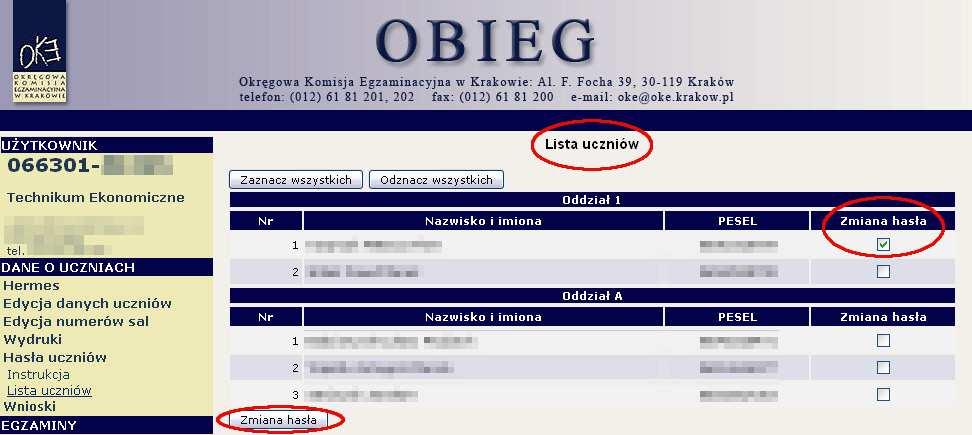 2) Po kliknięciu na Listę uczniów z lewej strony, naleŝy wybrać odpowiednią sesję egzaminacyjną i zatwierdzić przyciskiem Wybierz.