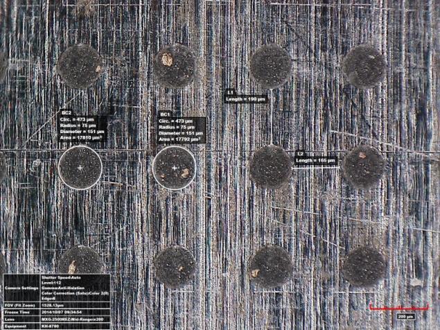 odległość pomiędzy elementami tekstury w kolumnie 190 µm, odległość pomiędzy elementami tekstury w wierszu 165 µm, średnia objętość