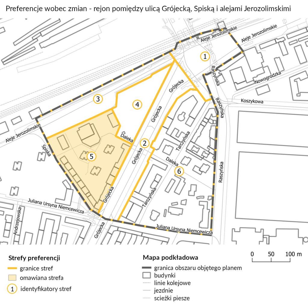 PREFERENCJE - 5 Obszar zabudowy mieszkaniowej na północny zachód od ulicy Grójeckiej jest ceniony za układ urbanistyczny i wolną przestrzeń (3), a także zieleń pomiędzy budynkami