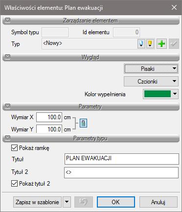 Po wybraniu opcji pojawia się okno wstawiania elementu, można z niego wejść we właściwości wprowadzanego obiektu lub wprowadzić go na rzut. Rys. 5 Okno wstawiania panu ewakuacji Tab.