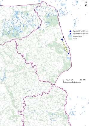 Faza I. Pierwsze ognisko ASF 21.07.2014 r. gm. Gródek pow. Białostocki - 8 świń. W kolejnych 5 miesięcach, do 31.01.2015 r., stwierdzono 2 następne ogniska; najdalej 9 km od granicy z Białorusią.