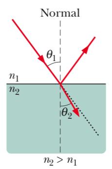 Prawo Snelliusa Padanie z ośrodka rzadszego: n 1 < n 2 n 1 sin θ 1 = n 2 sin θ 2 => sin θ 2 = n1 n 2
