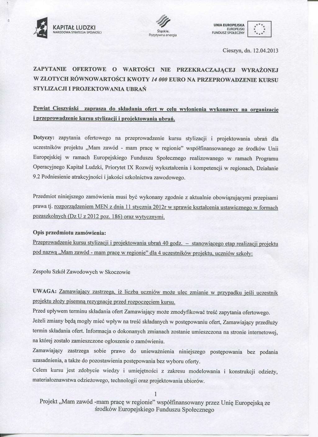 NARODOWA STRATEGIA SP6JN0SCI FUNDUSZSPOtECZNY Cieszyn, dn. 12.04.