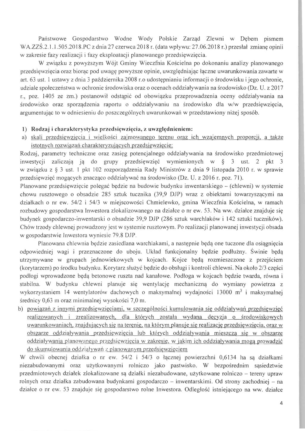 Pallstwowe Gospodarstwo Wodne Wody Polskie Zarzqd Ziewni w Oybem pismem W A.ZZS.2.1.1.505.20 18.PC z dnia 27 czerwca 2018 r.