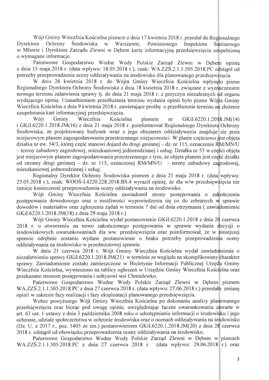 W6jt Gminy Wieczfnia Koscielna pismem z dnia 17 kwietnia 2018 r. przeslal do Regionalnego Dyrektora Ochrony Srodowiska w Warszawie, Powiatowego Inspektora Sanitarnego w Mlawie i Dyrektora Zarz'!