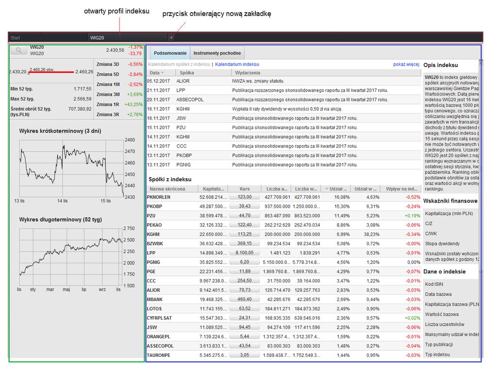 ). Rys. 3. Kategorie umożliwiające zawężenie wyszukiwania instrumentów. Po kliknięciu w wiersz z nazwą indeksu lub link Profil indeksu, otworzy się nowa zakładka.