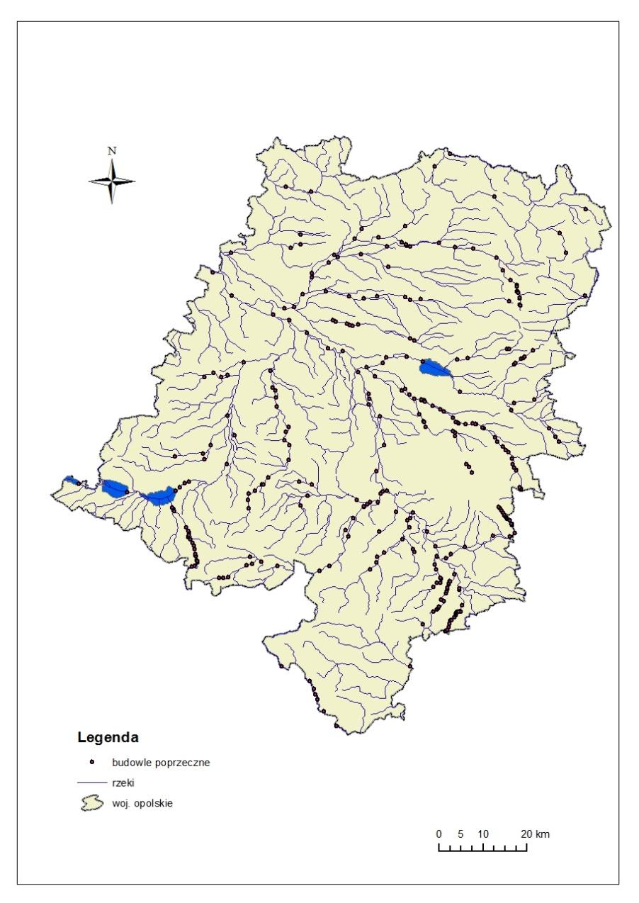 Mapa 2. Budowle poprzeczne na ciekach w województwie opolskim (źródło: GIOŚ) 3.