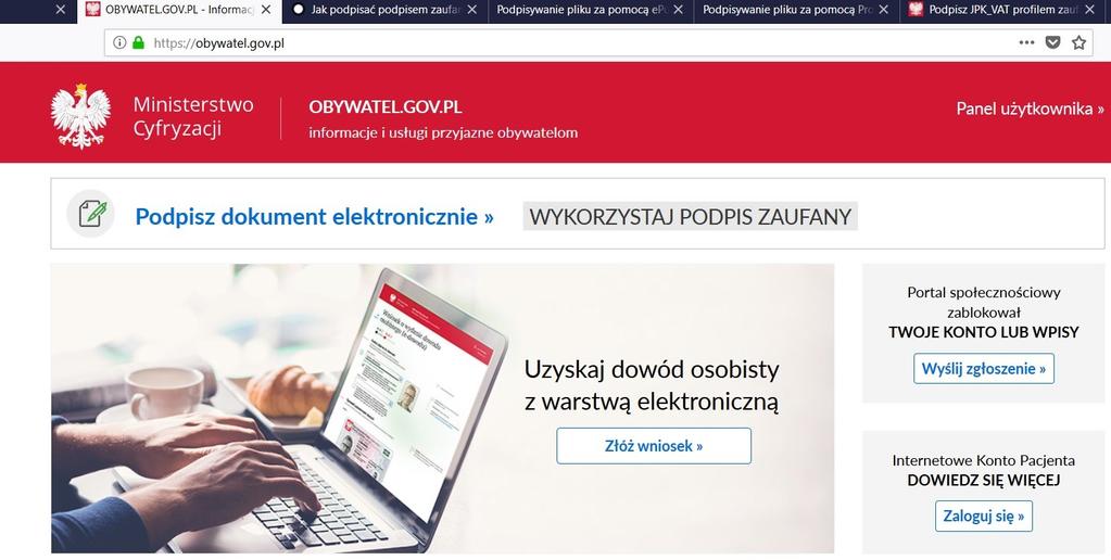 Podpisywanie dokumentów za pomocą Profilu Zaufanego. Aby podpisać dokument za pomocą profilu zaufanego, należy skorzystać z portalu obywatel.gov.